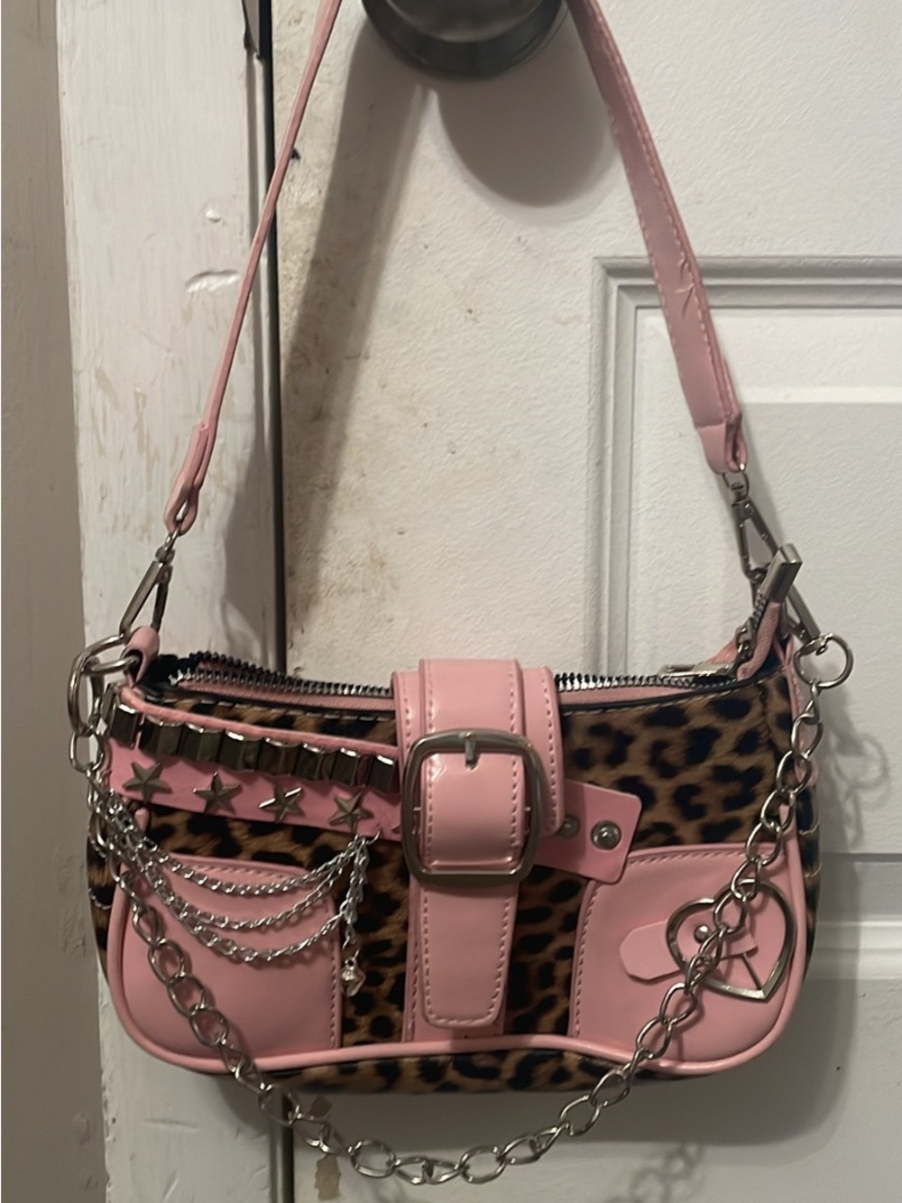Pink Leopard-Accent Shoulder Bag with Chain and Stud Details